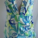 New SABO SKIRT Faux Wrap Dress L Blue Green White Tropical Print Deep V Neck