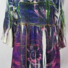 ONE WORLD Tunic Shirt  L  Purple Green Sublimation Smocked Floral Paisley Print