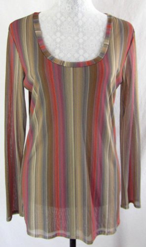 SWEET PEA STACY FRATI Top L Striped Print Pink Tan Brown Blue Long Sleeves