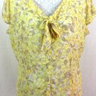 Ann Taylor LOFT 14 L Yellow Brown Floral Print Front Tie Semi Sheer Blouse Shirt