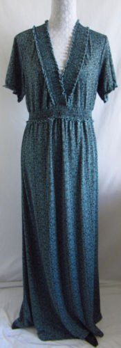 LAPIS L Brown Blue Floral Print Smocked Empire Waist Stretch Long Maxi Dress