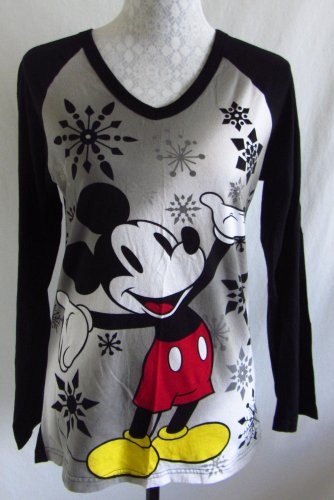 DISNEY L Mickey Mouse Snowflake Print Winter V Neck Long Sleeve Sleepshirt Top