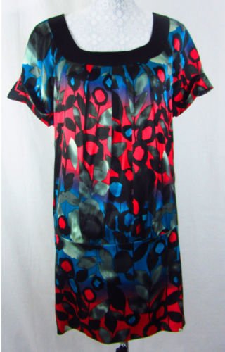 ARMANI EXCHANGE 4 XS S Silk Stretch Floral Print Red Blue Black Drop Waist Dress