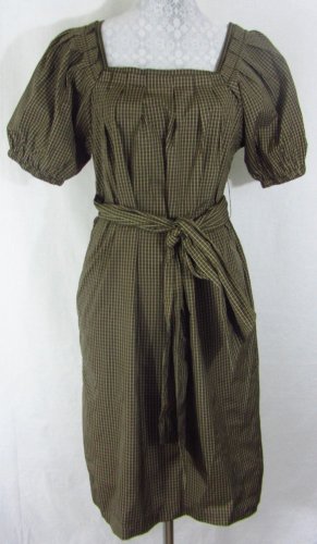 BCBG MAXAZRIA M Checkered Print Brown Tan Pleated Squared Neck Shift Dress