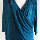 COLDWATER CREEK 1X Blue Green Floral Print Surplice Neck Slinky Faux Wrap Top