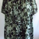 COLDWATER CREEK Blouse Top 1X Green Brown Black Floral Print Pleats Polyester