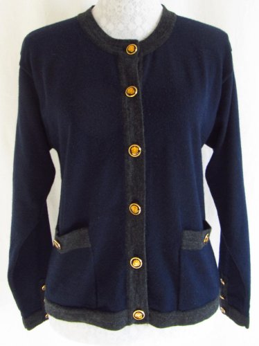 URBAN WOOL Merino Collection M Navy Blue Gray Crest Buttons Sweater Cardigan