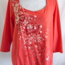 COLDWATER CREEK 1X Pink Orange Embellished Sequins Embroidered Hearts Top Shirt