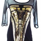 ASOS 6 Black Embellished Gold Sequins Mesh Knit Cotton Stretch Top Shirt