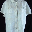 CHICO'S 3 XL 100% Linen White Tan Tropical Leaf Print Button Down Casual Shirt