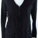 ELIE TAHARI L Black 100% Merino Wool Floral Lace Front Zip Up Sweater Cardigan