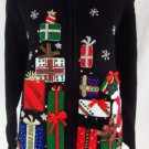 UGLY CHRISTMAS Sweater L Embroidery Santa Presents Snowflakes Beaded Zip Up