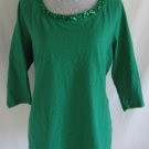 COLDWATER CREEK 1X 18 Solid Green Embellished Sequins Neckline Cotton Shirt Top