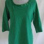 COLDWATER CREEK 1X 18 Solid Green Embellished Sequins Neckline Cotton Shirt Top