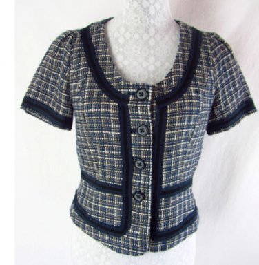 BANANA REPUBLIC Checkered Print Cropped Jacket Blazer 4 S Blue Beige Boucle Knit