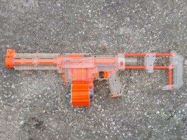 Nerf N Strike clear Recon CS-6 w extended barrel butt stock & sm drum preown