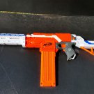 Nerf motorized orange Stryfe w white retaliator barrel extension shoulder stock