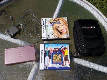 Nintendo DS Lite Metallic Rose Handheld System bundle w 2 games carry bag