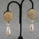 VINTAGE HUGE DANGLING GOLD DIAMOND TEAR DROP PEARL EARRINGS SHOW GIRL CLIP ONS