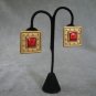 Vintage Red Enamel Brushed Gold Ornate Squared Button Hoops Earrings Clip On