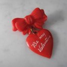 Vintage Red Plasic Dangle Heart Pin "Happy Valentine's Day" Brooch Bakelite Era