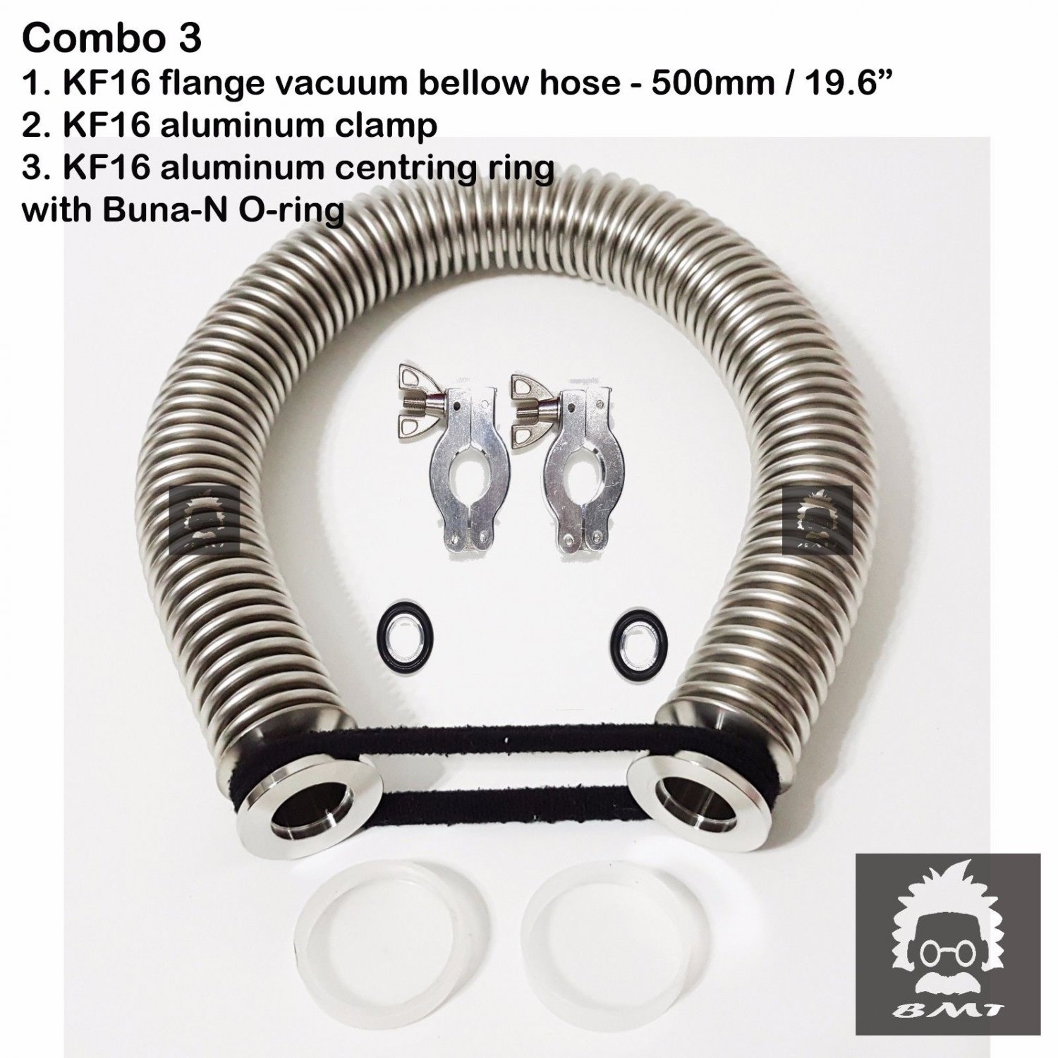 KF16 flange vacuum bellow hose 500mm 19.6" 2 sets Al clampers & O-ring = Buna-N