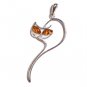 Curvy Cat Pendant With Silver & Cherry Amber Eyes with Silver Chain