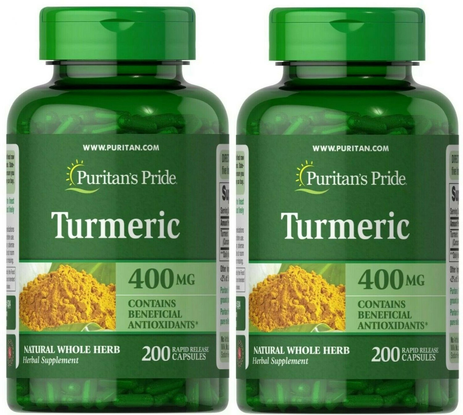 Puritan's Pride Turmeric 400 mg 2 Pack 400 Rapid Release Capsules (2x100)
