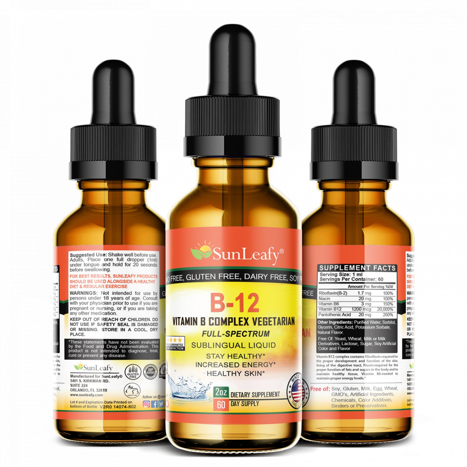Vitamin B12 1200 mcg, B2, B3, B6, B9 Liquid Drops- 2 months supply
