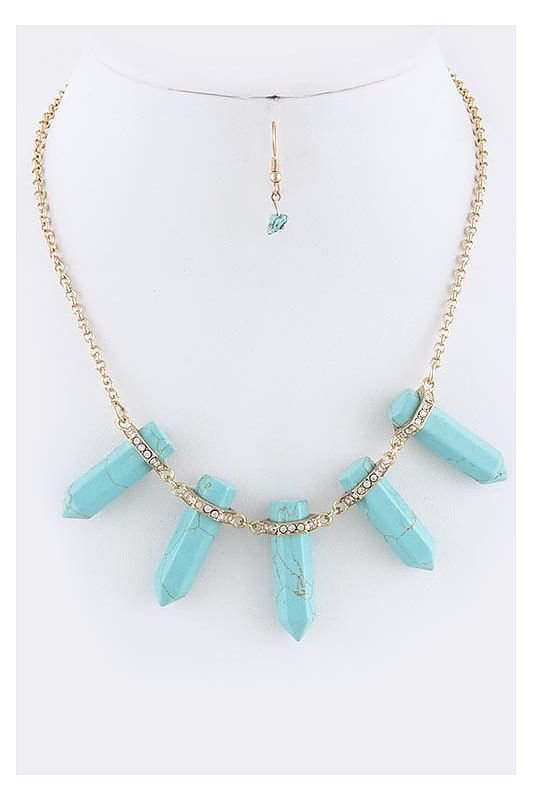 CRYSTAL PAVE FRAMED ANGULAR SEMI PRECIOUS STONE BIB NECKLACE SET