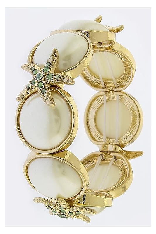 STARFISH ORNATE BEZEL SET PEARL DOME LINK STRETCH BRACELET