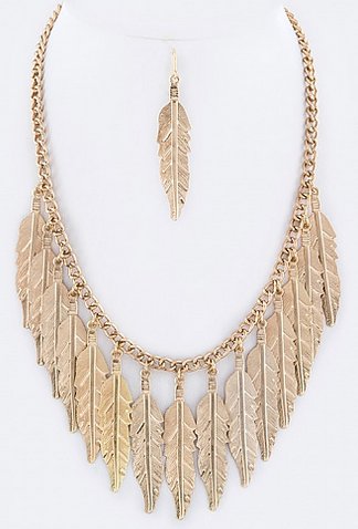 METAL FEATHERS STATEMENT NECKLACE SET