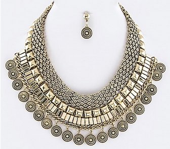 MIX CHAINS & FRINGED DISKS STATEMENT NECKLACE SET