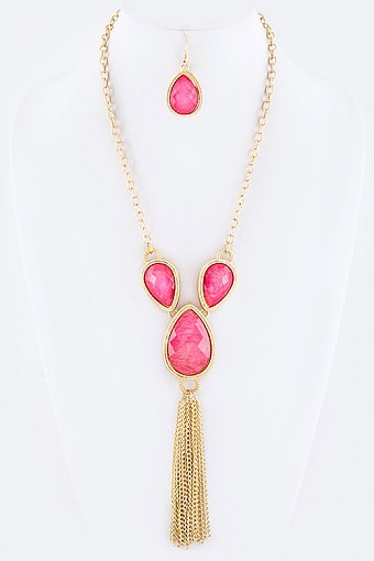 JUMBO CRYSTAL TEARDROPS & CHAIN TASSEL NECKLACE SET