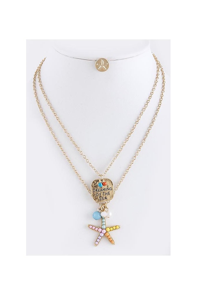 ACRYLIC ENCRUSTED STARFISH CHARM LAYER NECKLACE SET