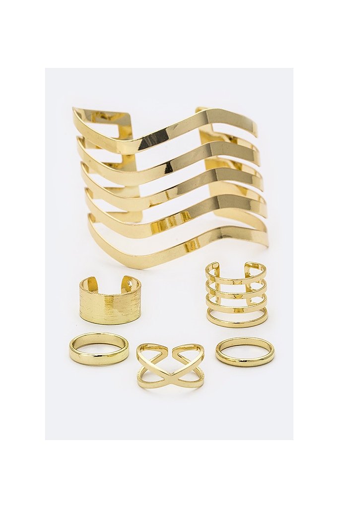MIX RINGS & WAVY METAL CUFF SET