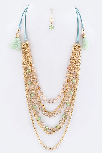 TASSELED DRAW STRING BEADED LAYERED CHAIN NECKLACE SET