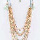 TASSELED DRAW STRING BEADED LAYERED CHAIN NECKLACE SET