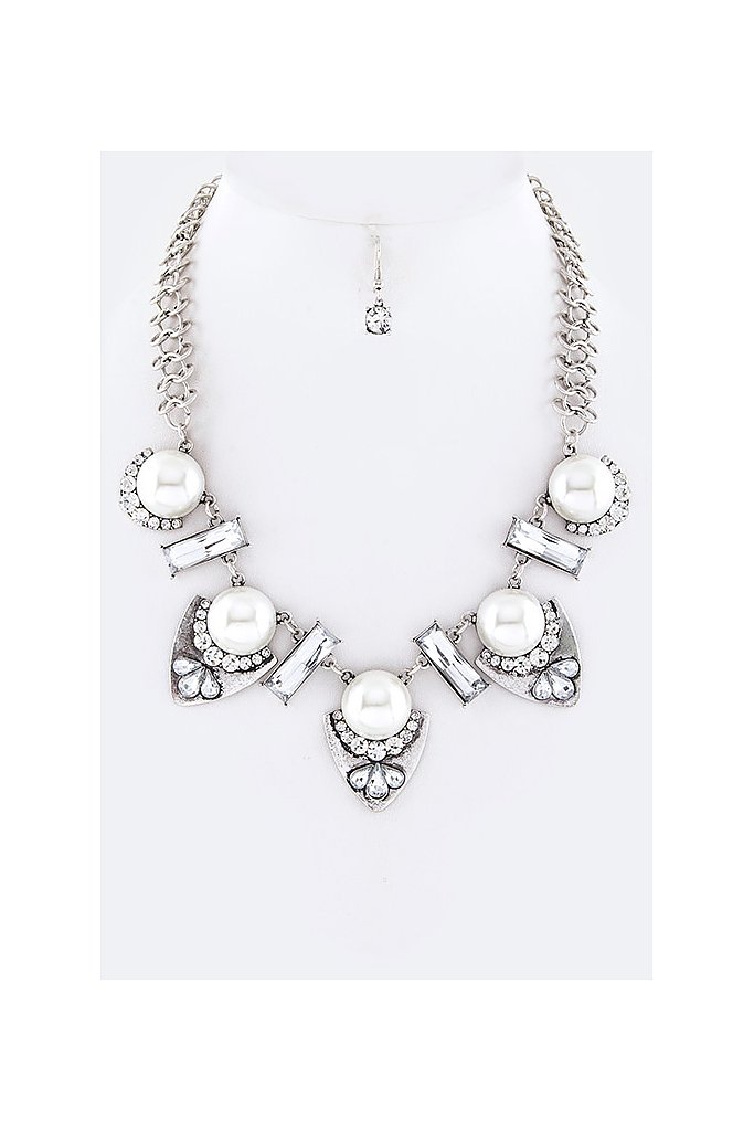 MIX CRYSTALS & PEARL STATEMENT NECKLACE SET