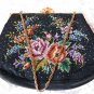 VINTAGE EMBROIDERED PURSE FLOWERS CROSS STICH EVENING BAG FANCY FAN FRAME