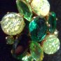 VINTAGE JULIANA DEMO PARURE BROOCH VOLCANIC GREEN CRACKLE GLASS FOIL CABACHONS