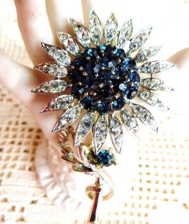 VINTAGE BROOCH SIGNED LISNER VINTAGE RHINESTONE STARBURST BLUE SAPPHIRE CRYSTAL