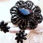 JET BLACK MOURNING JEWELRY DEMI PARURE BLACK GLASS BROOCH 19th CENTURY