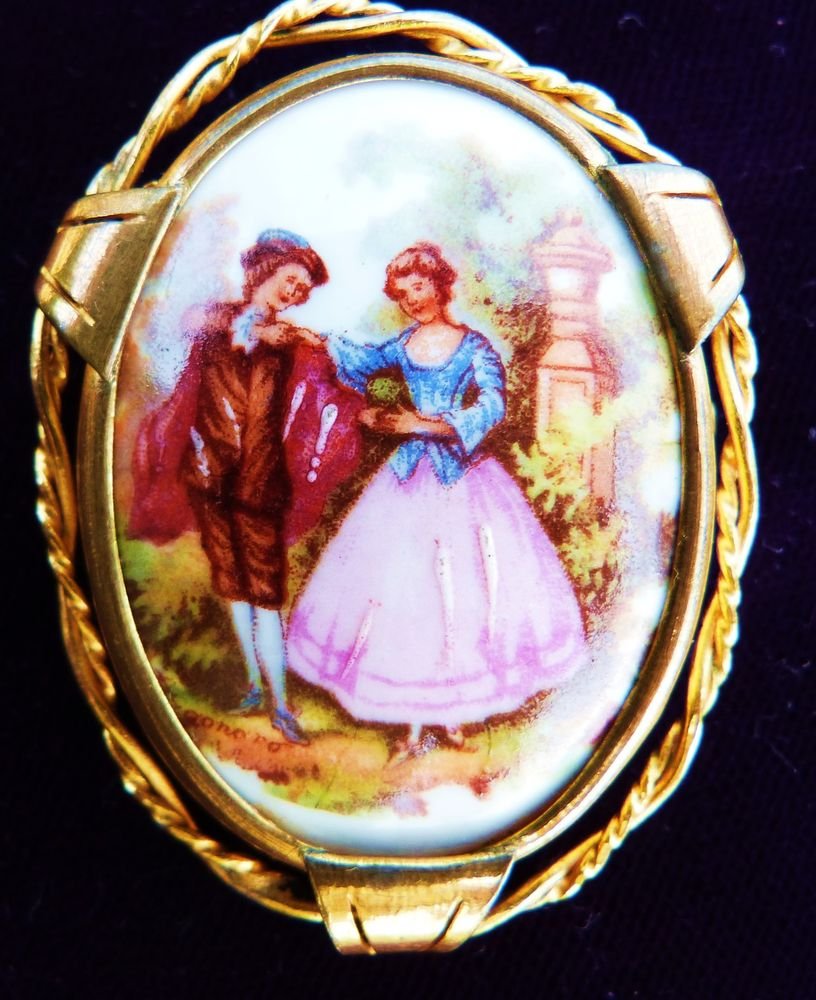 VINTAGE LIMOGE BROOCH VICTORIAN PORCELAIN BROOCH