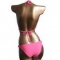 2Pcs Women Padded New Hot Sexy Halter Pink Gold Chain Triangle Bikini Swimwear Set S M L