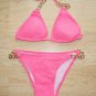 2Pcs Women Padded New Hot Sexy Halter Pink Gold Chain Triangle Bikini Swimwear Set S M L