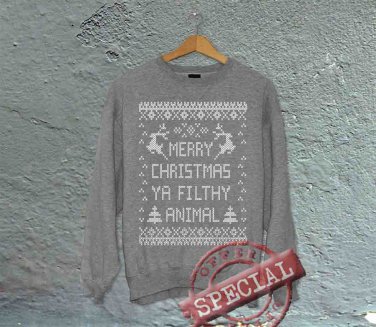 Merry Christmas Ya Filthy Animals - Oversized Off the Shoulder Sweatshirt - Gray