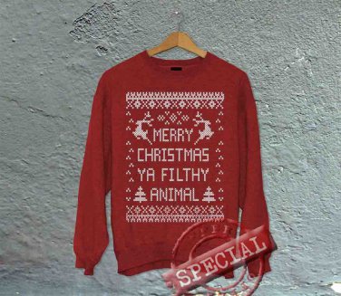 Merry Christmas Ya Filthy Animals - Oversized Off the Shoulder Sweatshirt - Red