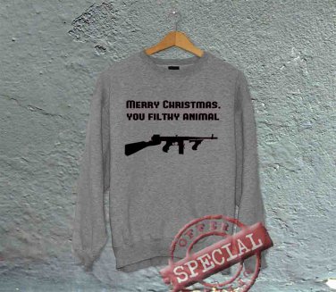 Merry Christmas You Filthy Animal - Oversized Off the Shoulder Sweatshirt - Gray