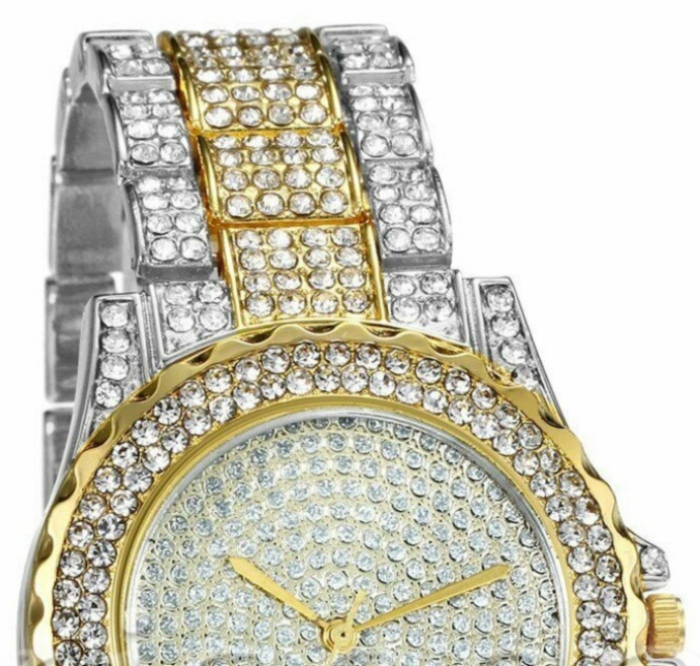 Stainless Steel Two Tone Full Ice Rhinestones Quartz Gold Tone Women's & Unisex
